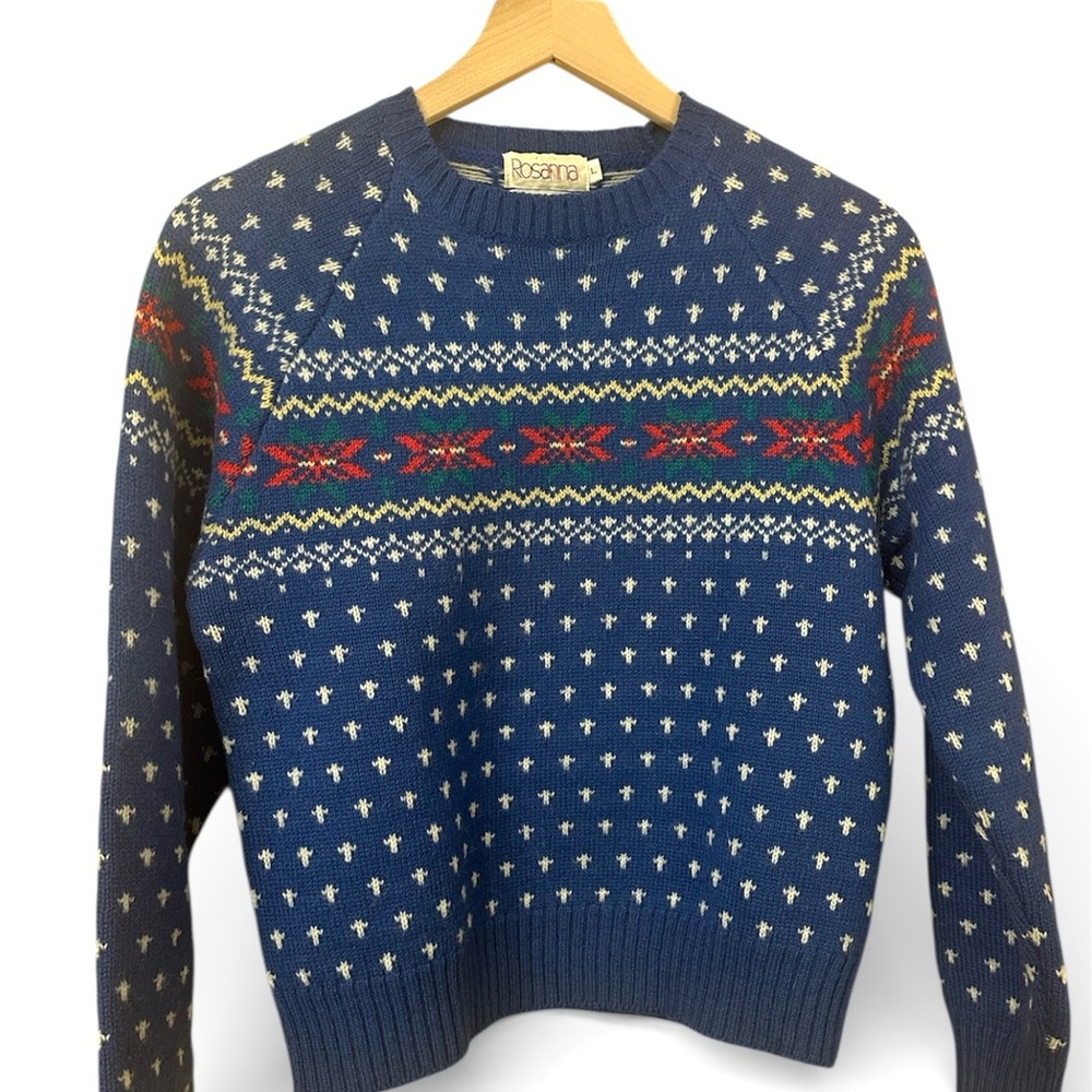 VTG Rosanna Woman’s Wool Blue Sweater, Fair Isle, Large, Cabincore, Cozy, Ski